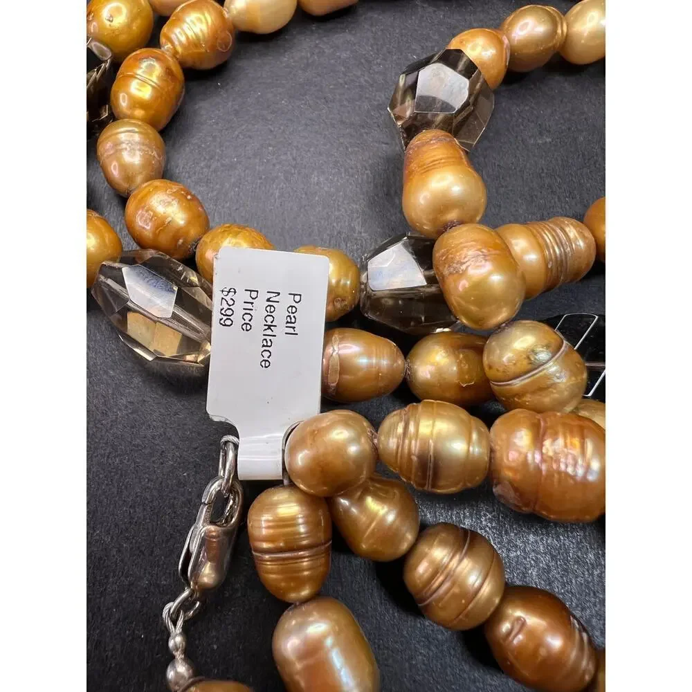 NEW smoky quartz and pearl multi strand necklace with sterling silver clasp